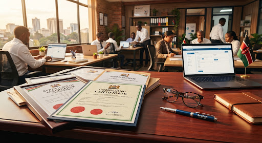 Mahogany desk with official Kenyan AGPO business registration certificates at Boratech Cyber Eldoret