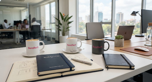 Custom ceramic mugs and luxury leather notebooks on office desk in Eldoret