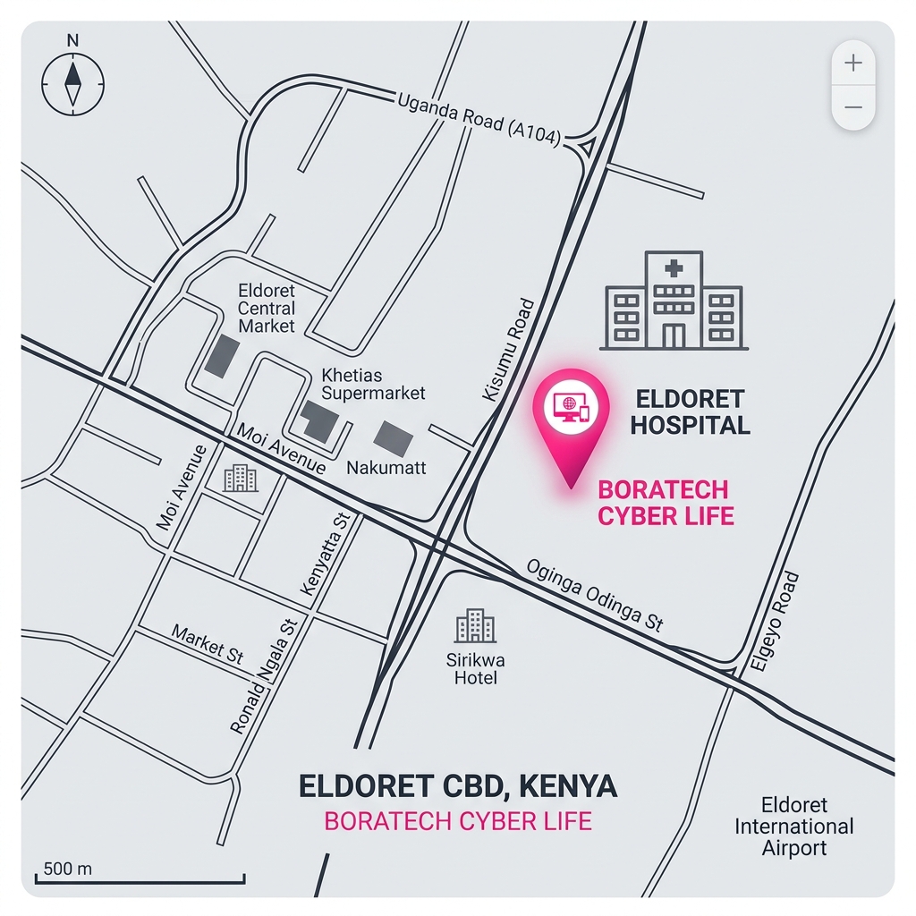 Stylized map showing BoraTech Cyber location in Eldoret CBD opposite Eldoret Hospital.