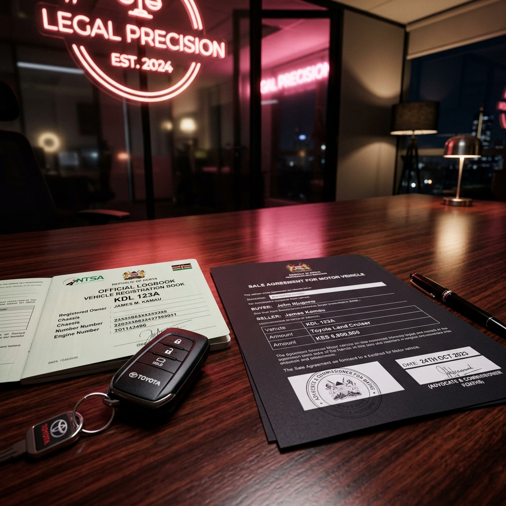 Kenyan Vehicle Logbook and Car Keys on Mahogany Desk