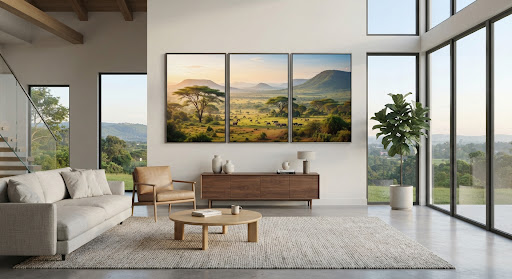 Living room wall featuring a large multi-panel canvas triptych display in Eldoret